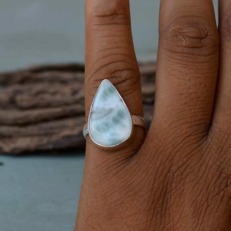 Natural Dominican Larimar Gemstone Ring, Pear Larimar Ring, 925 Sterling Silver Ring, Larimar Gift Ring, Bezel Set Simple Gift Ring Jewelry, Larimar Jewelry, Nickel Free