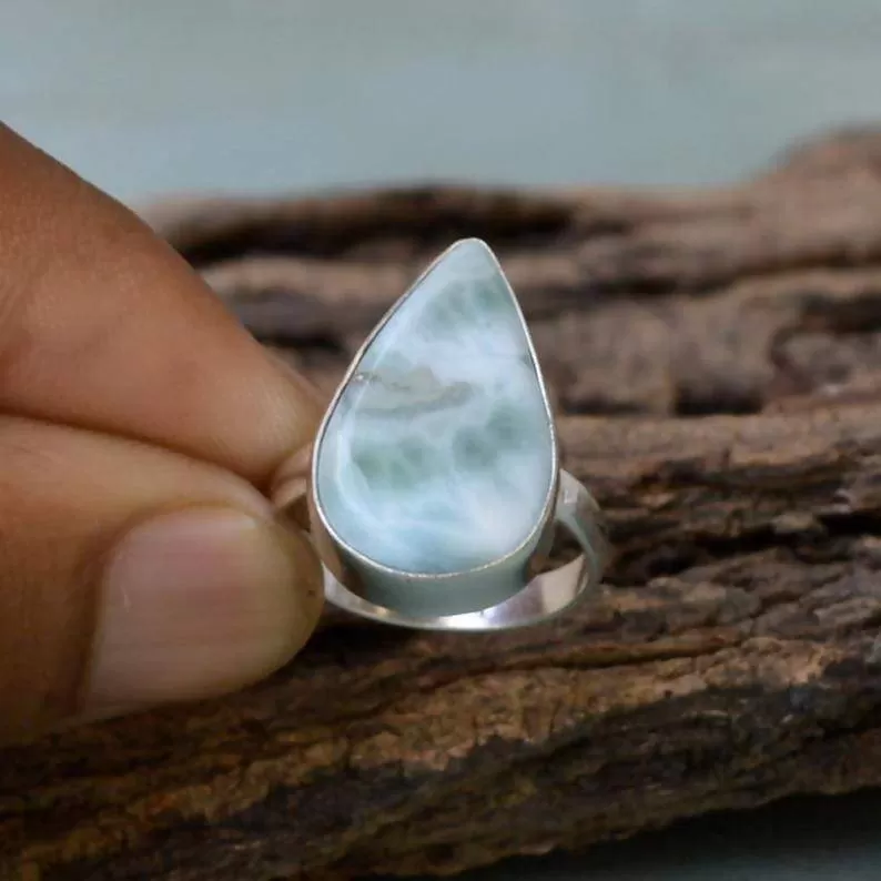 Natural Dominican Larimar Gemstone Ring, Pear Larimar Ring, 925 Sterling Silver Ring, Larimar Gift Ring, Bezel Set Simple Gift Ring Jewelry, Larimar Jewelry, Nickel Free