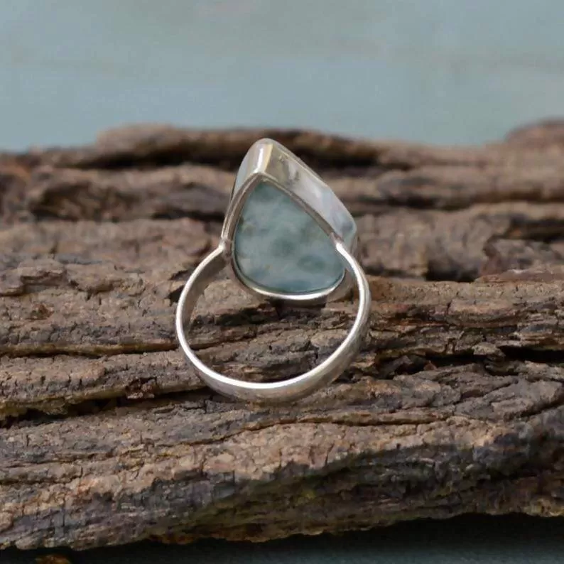 Natural Dominican Larimar Gemstone Ring, Pear Larimar Ring, 925 Sterling Silver Ring, Larimar Gift Ring, Bezel Set Simple Gift Ring Jewelry, Larimar Jewelry, Nickel Free