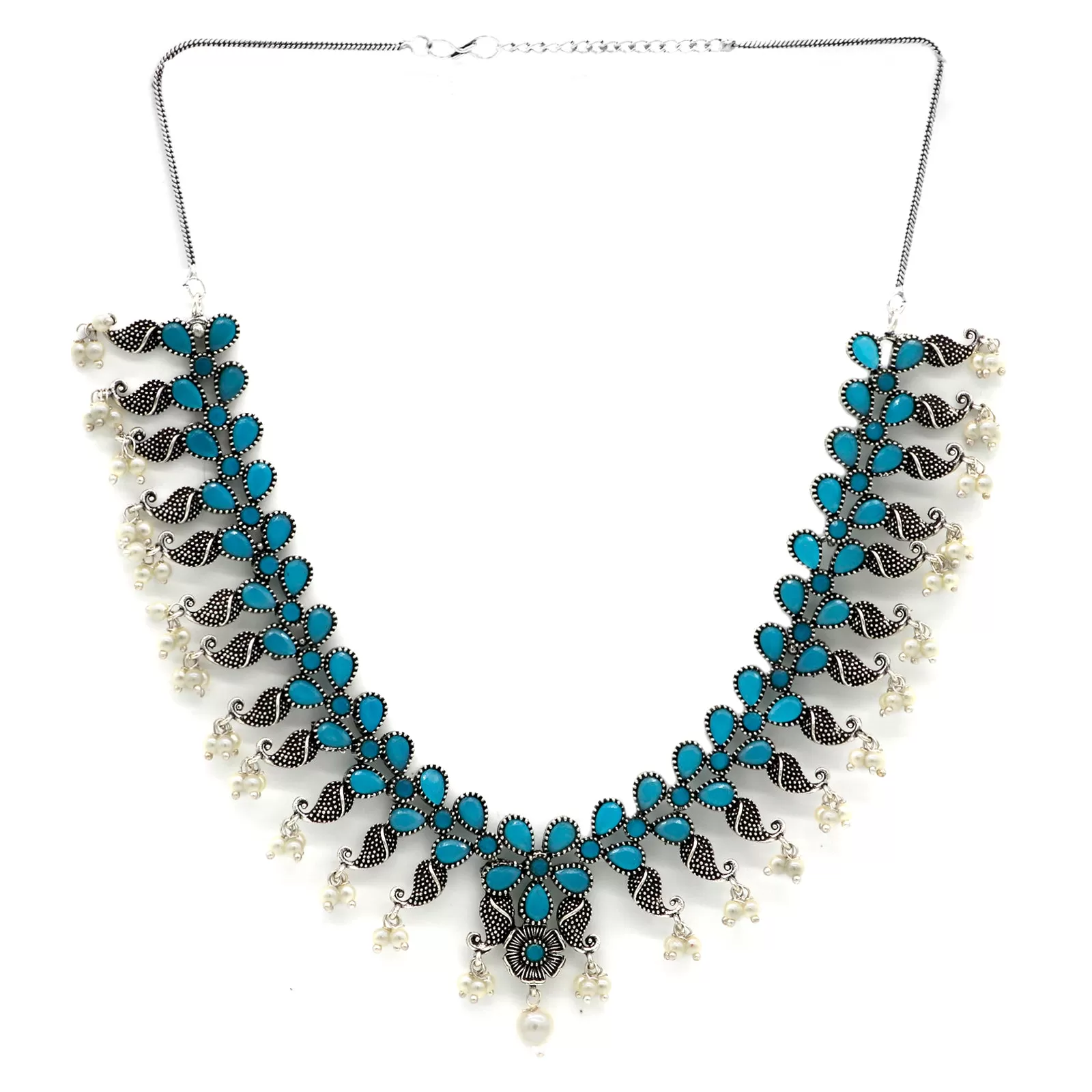 Niranjana Light Blue Stone Silver Oxidized Necklace Set