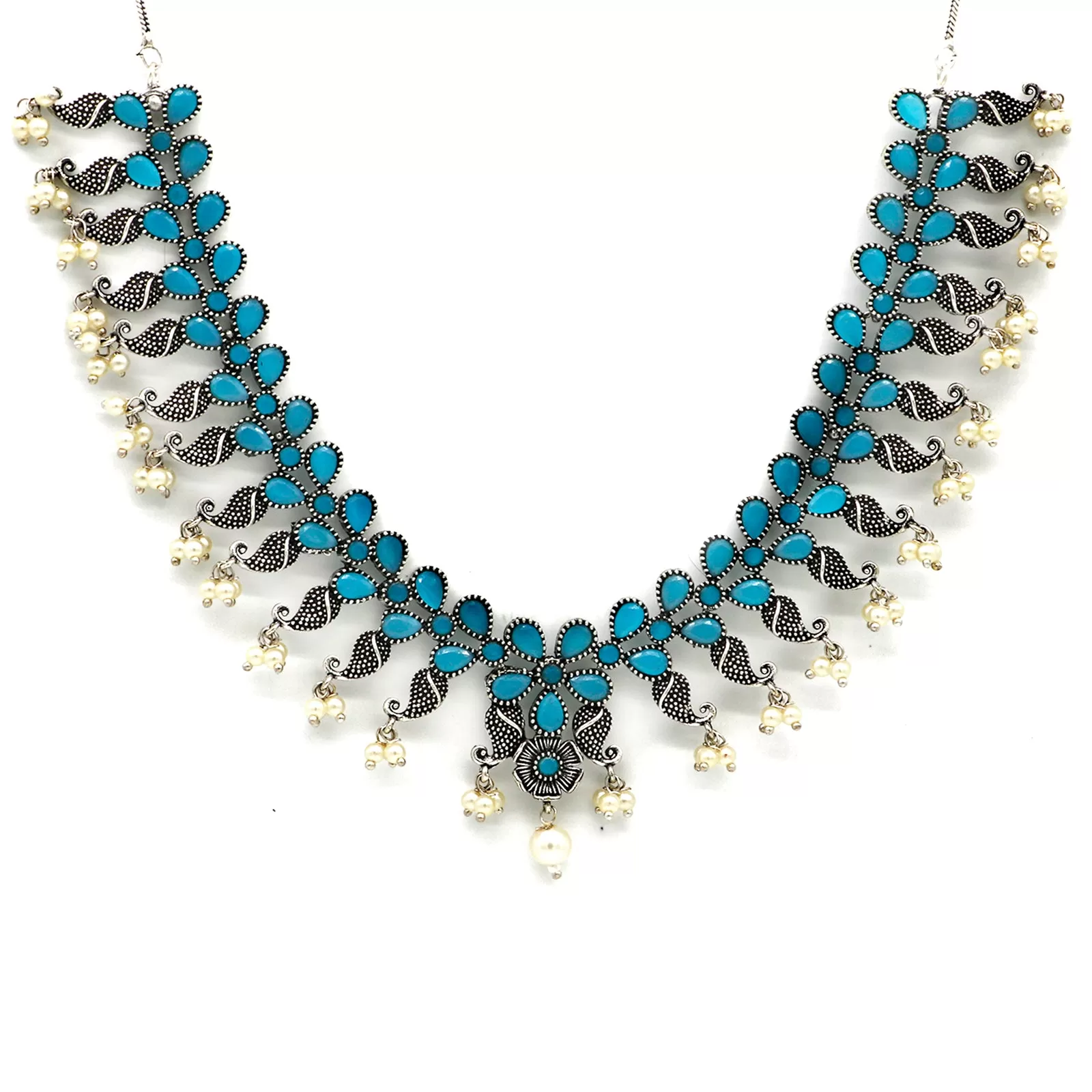 Niranjana Light Blue Stone Silver Oxidized Necklace Set