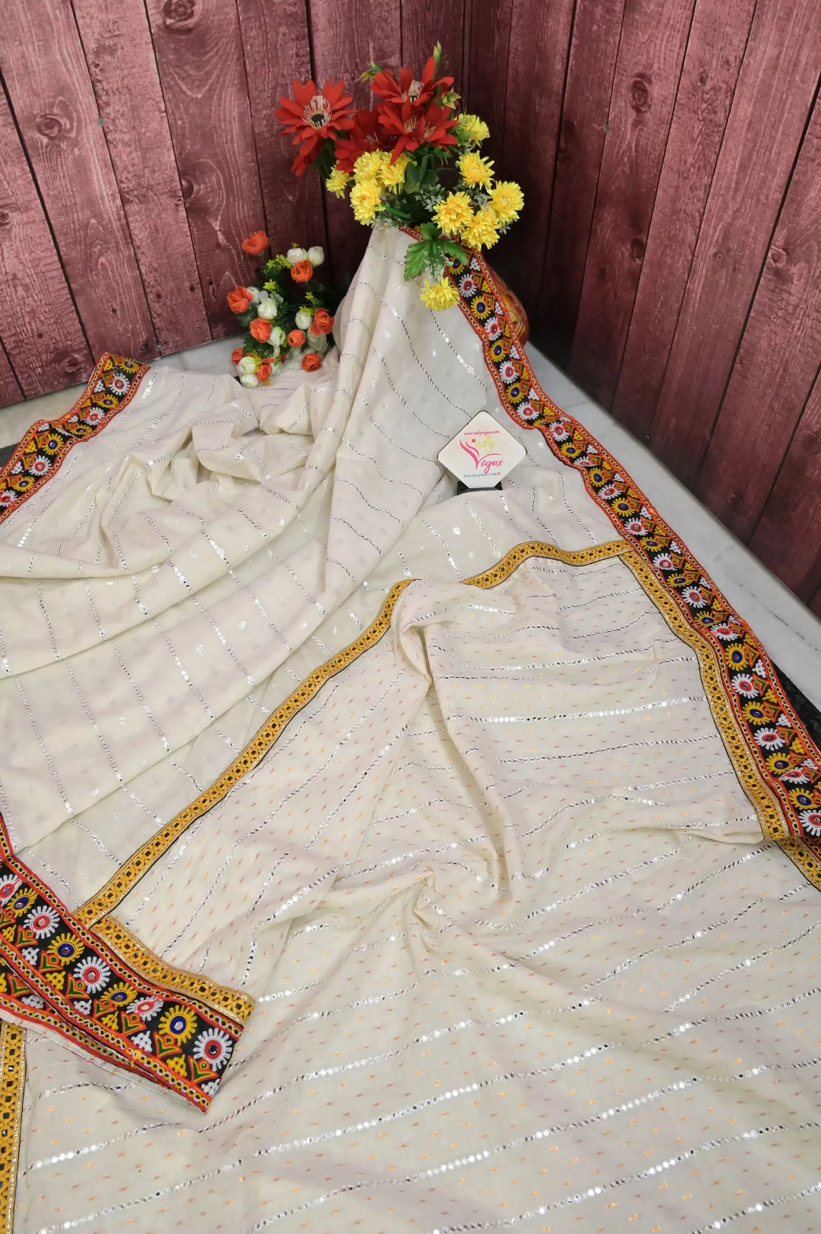 Offwhite Color Offwhite Color Cotton Chanderi Saree with Allover Mirror Embroidery and Kathiawadi Border