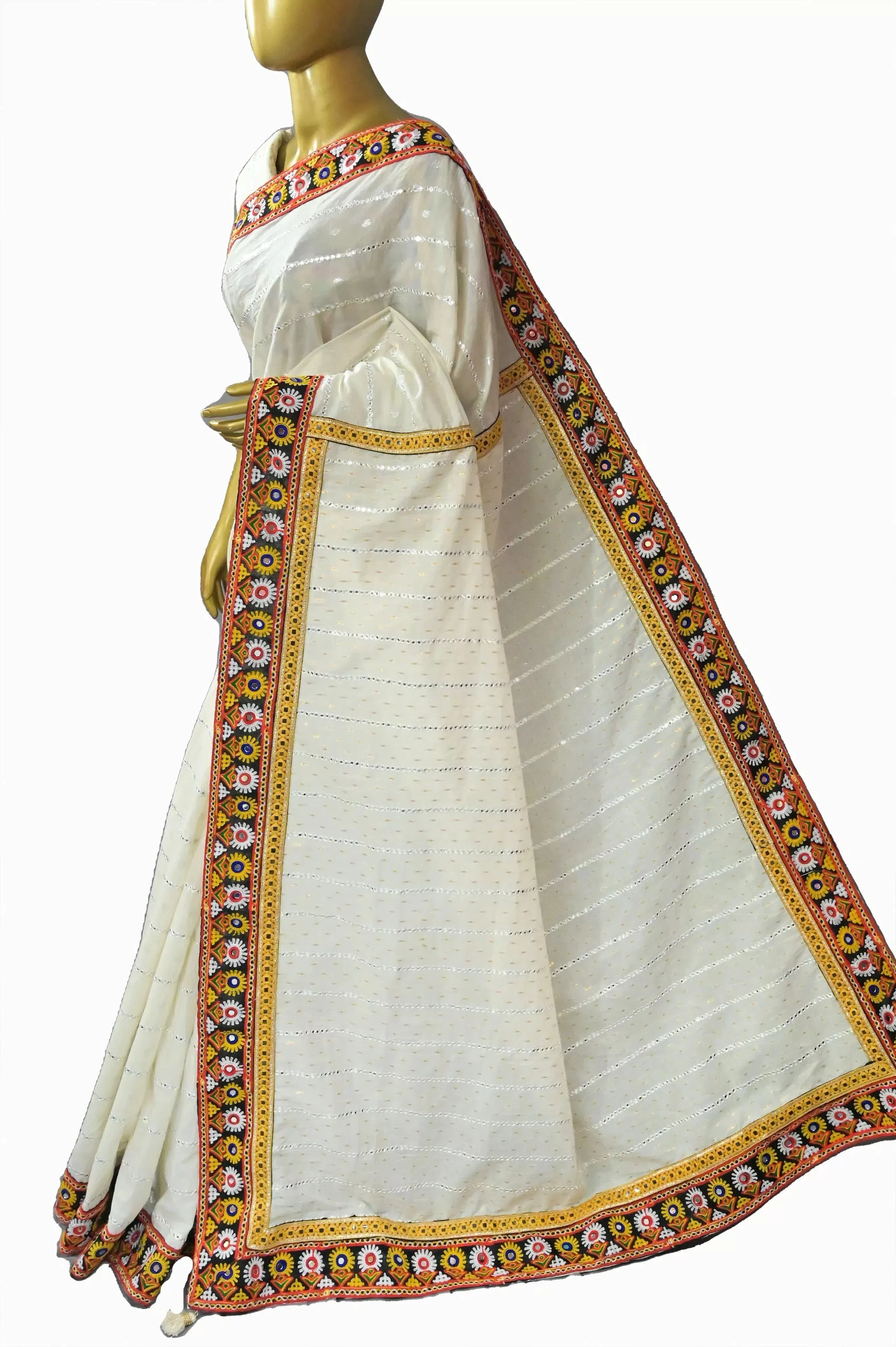 Offwhite Color Offwhite Color Cotton Chanderi Saree with Allover Mirror Embroidery and Kathiawadi Border