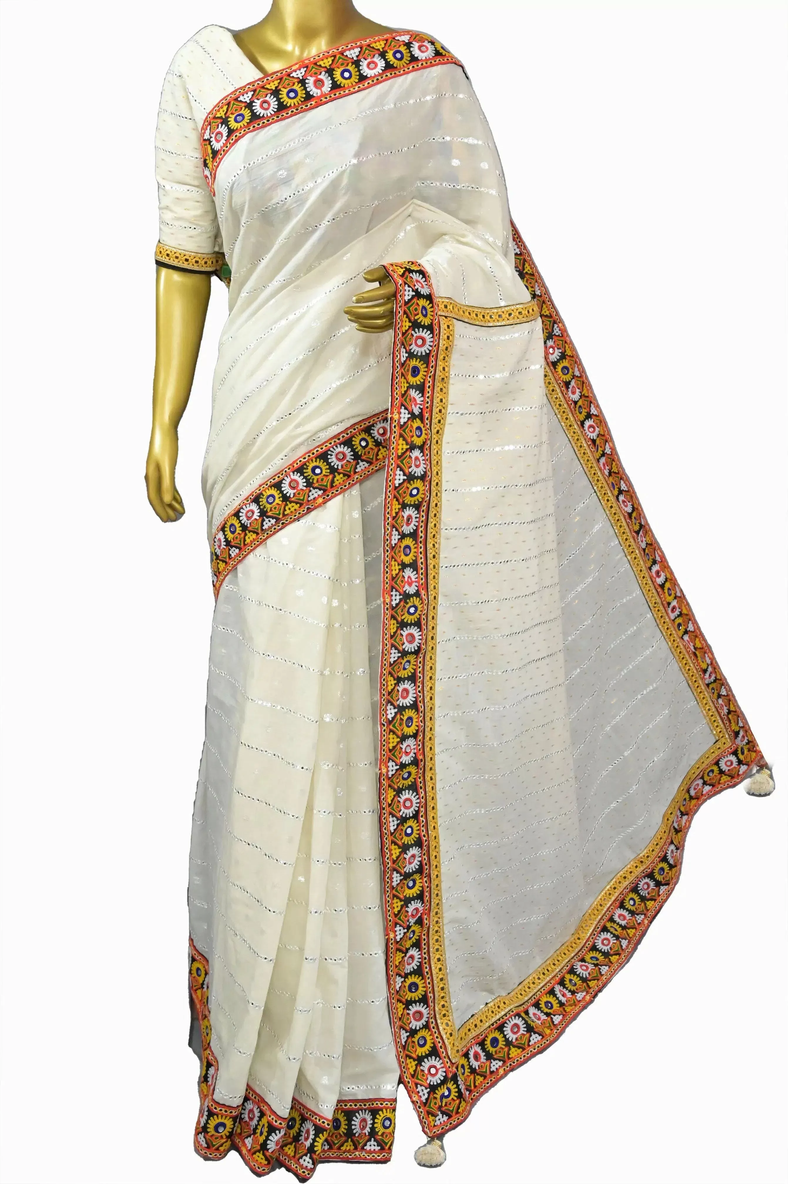 Offwhite Color Offwhite Color Cotton Chanderi Saree with Allover Mirror Embroidery and Kathiawadi Border