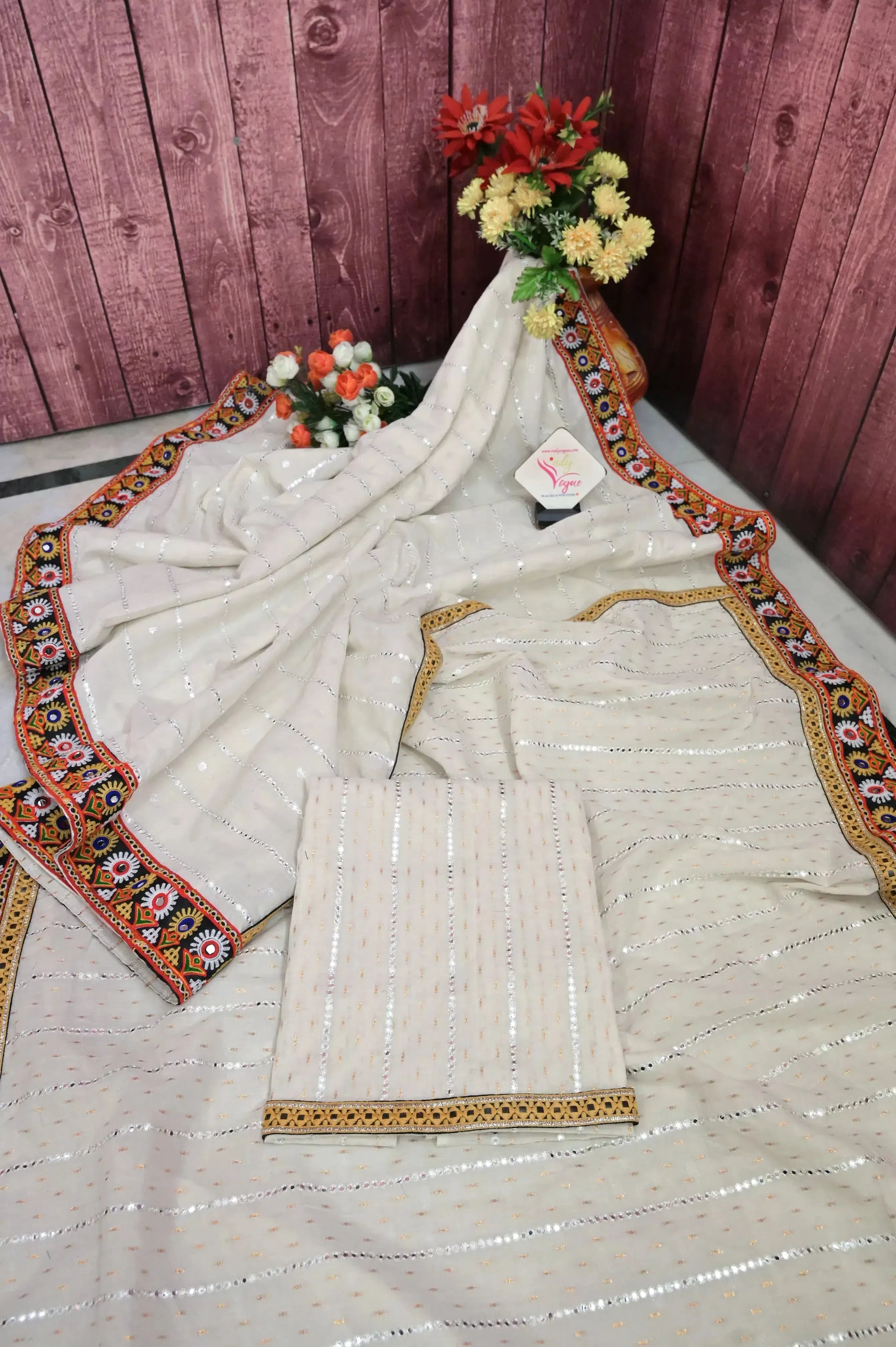 Offwhite Color Offwhite Color Cotton Chanderi Saree with Allover Mirror Embroidery and Kathiawadi Border