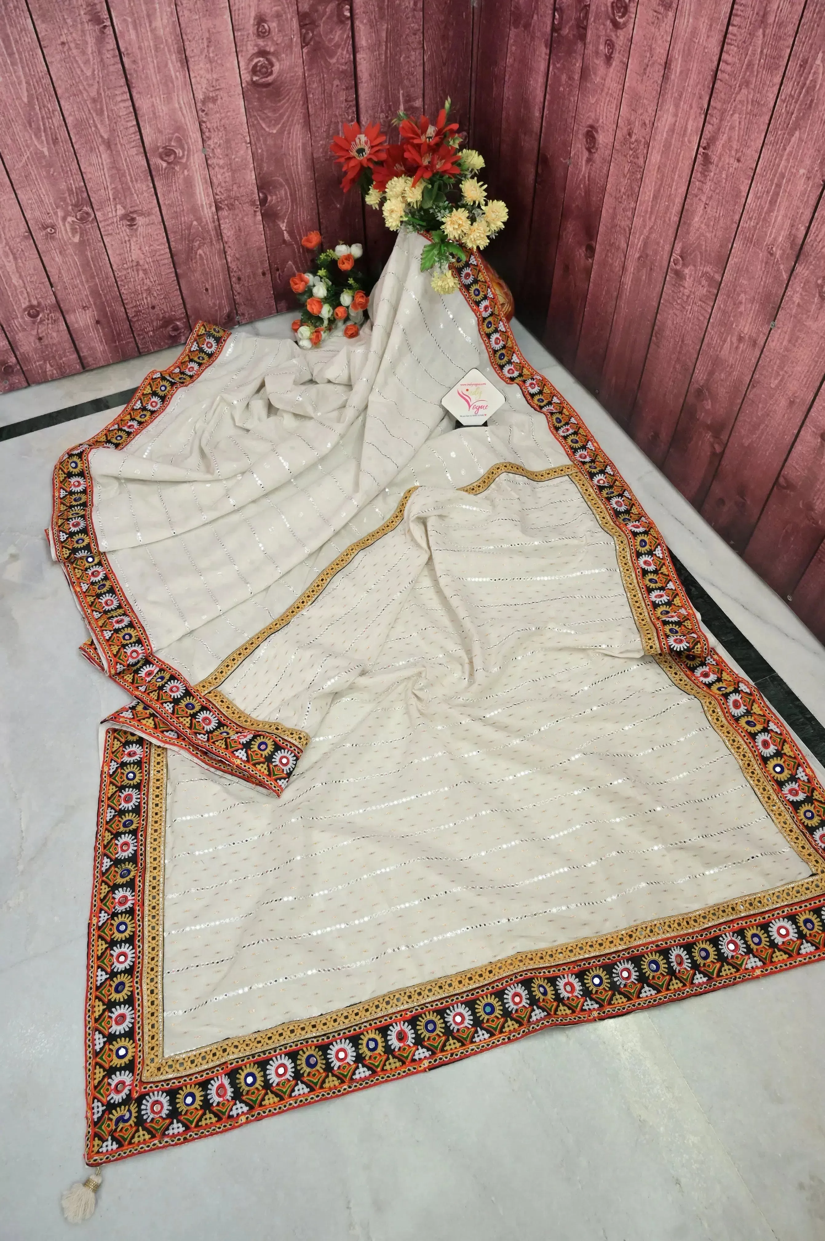 Offwhite Color Offwhite Color Cotton Chanderi Saree with Allover Mirror Embroidery and Kathiawadi Border