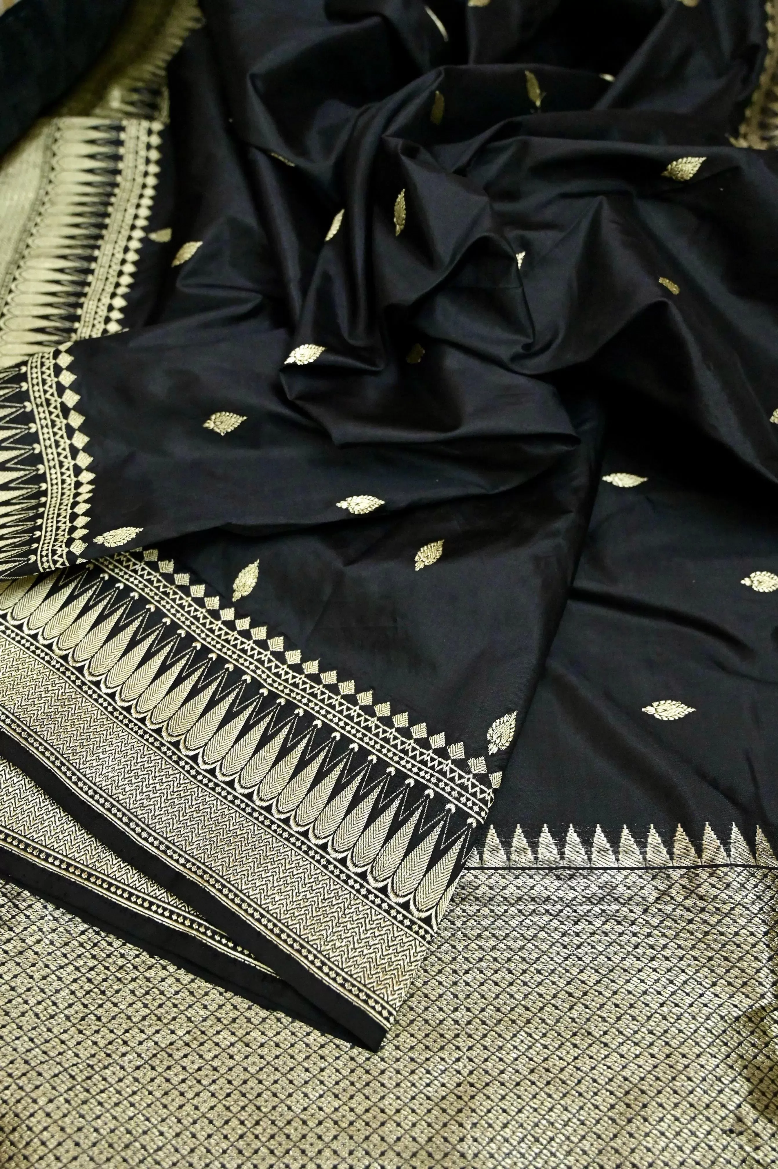 Onyx Black Color Pure Katan Banarasi Saree with Zari Buti and Zari Border