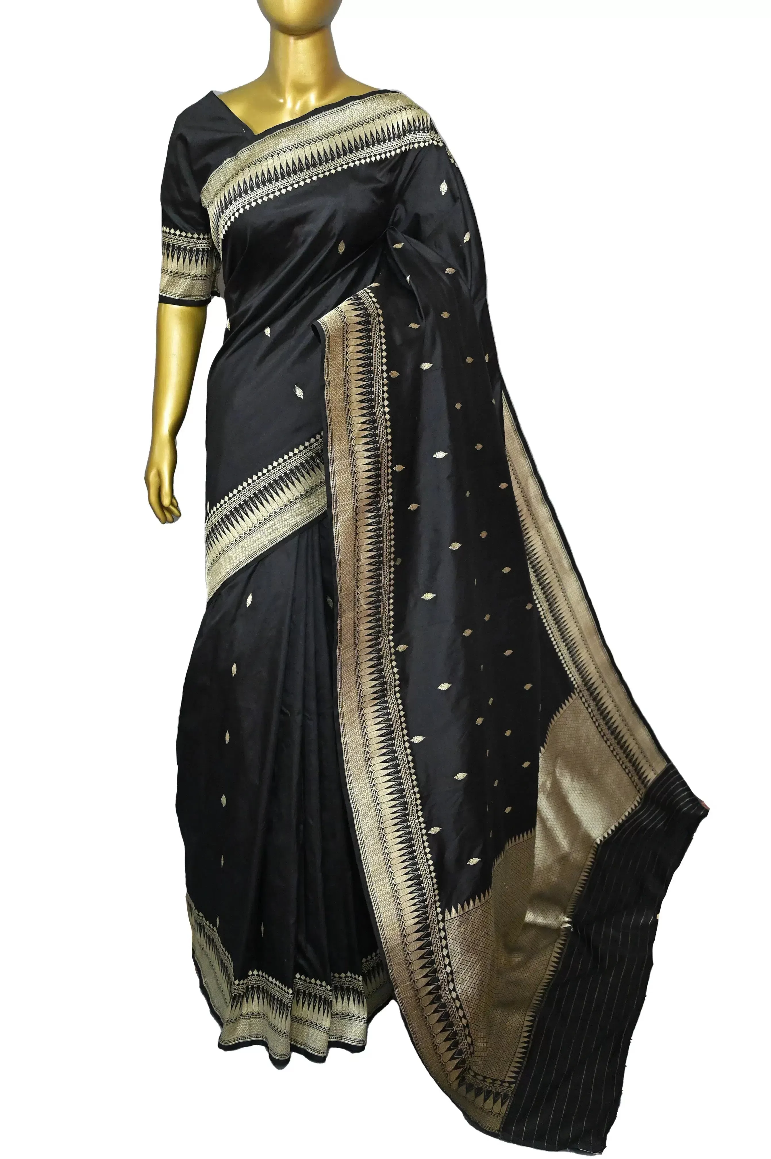 Onyx Black Color Pure Katan Banarasi Saree with Zari Buti and Zari Border