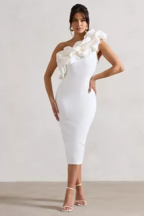 Orchestra | White One Shoulder Ruffled Midi Dress