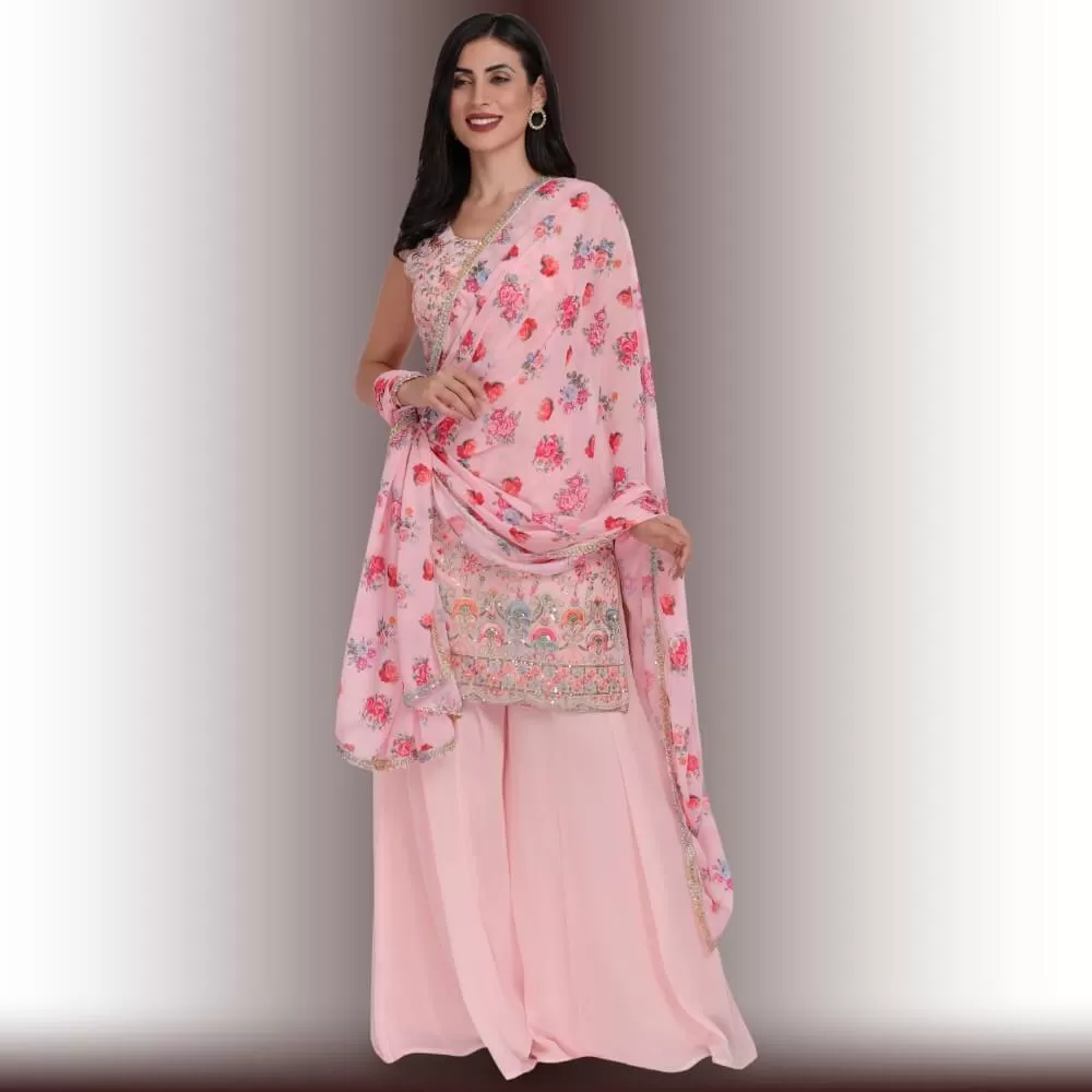 Palazzo Suit with multicolor embroidery - Baby Pink