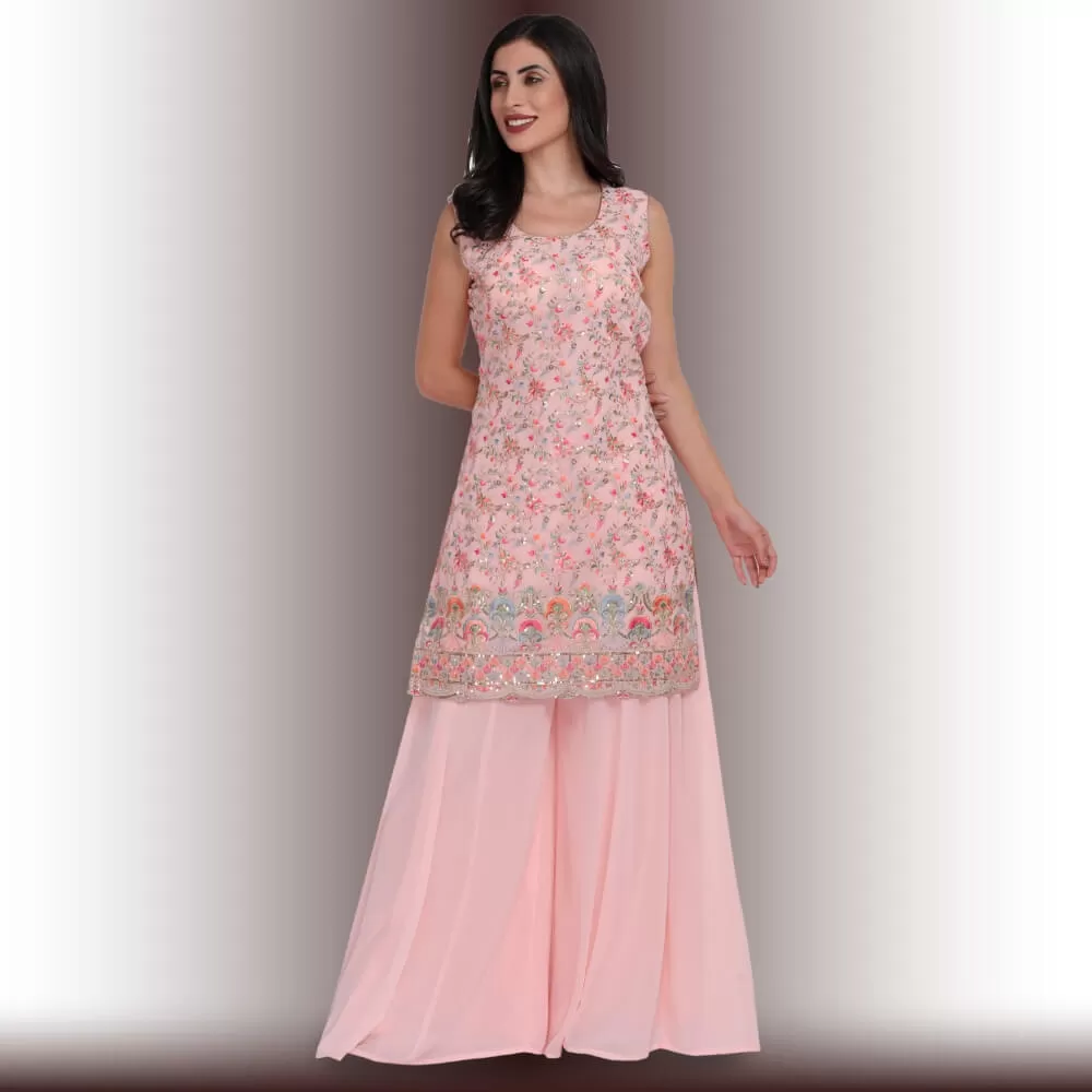 Palazzo Suit with multicolor embroidery - Baby Pink