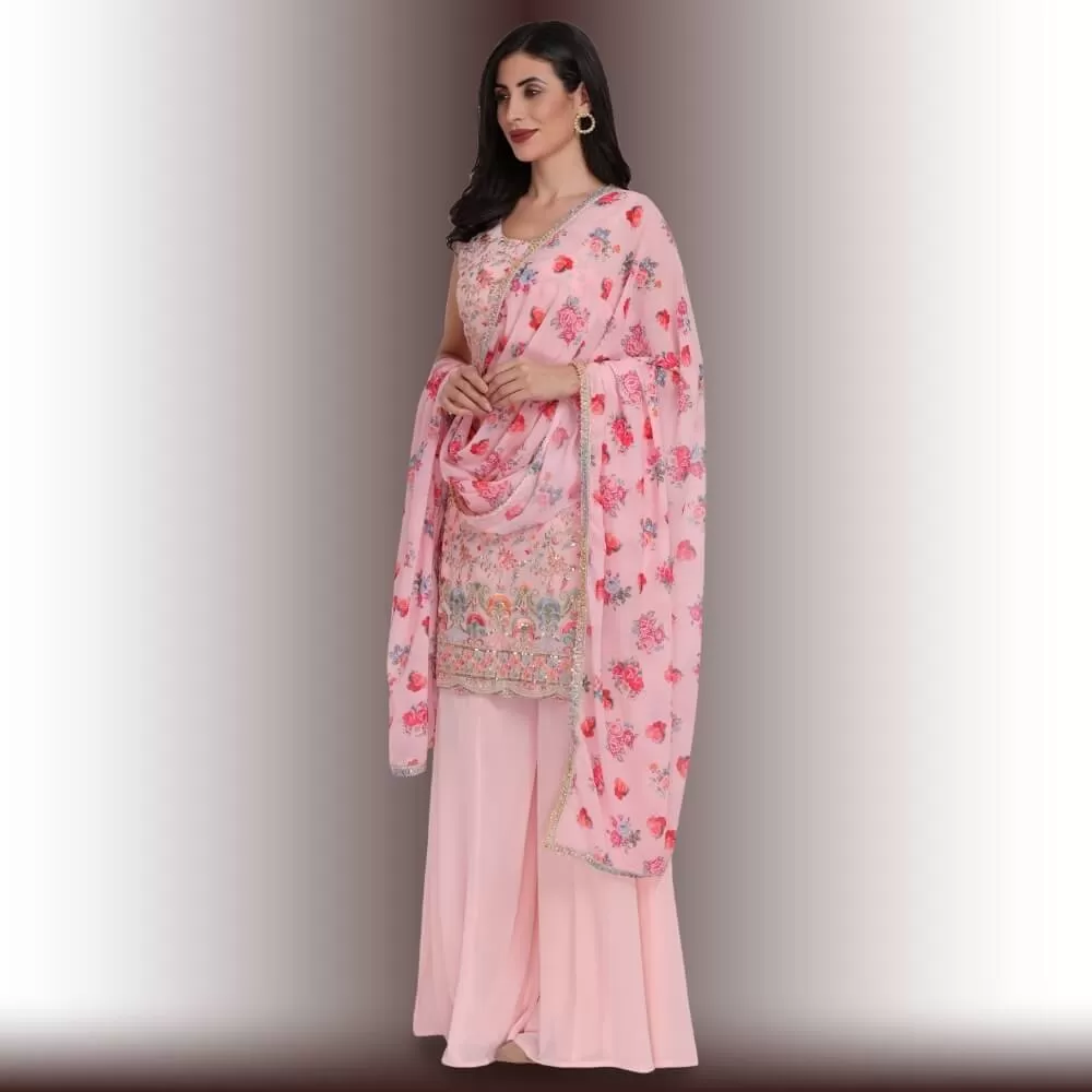 Palazzo Suit with multicolor embroidery - Baby Pink