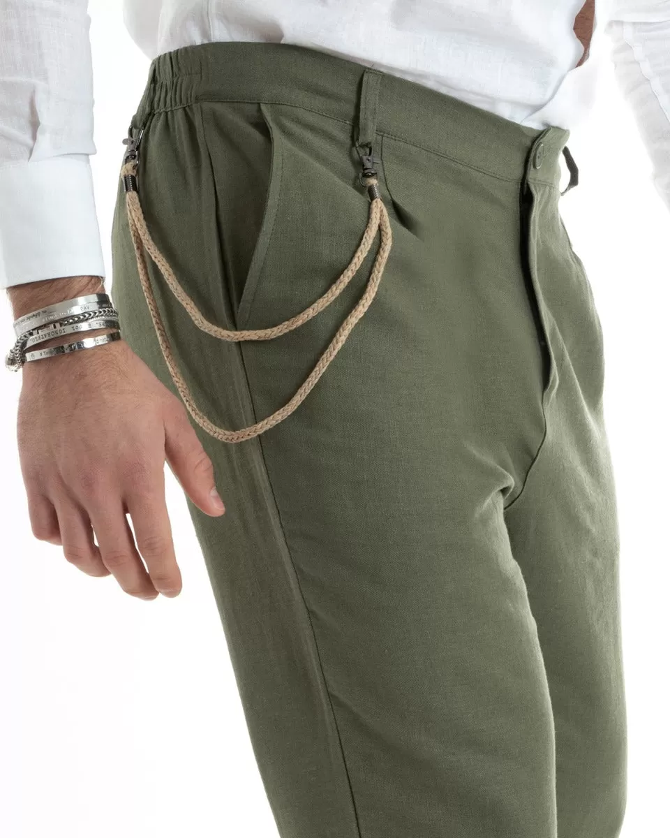 Pantaloni Uomo In Lino Tasca America Classico Sartoriale Comodo Casual Tinta Unita Verde GIOSAL-P5789A