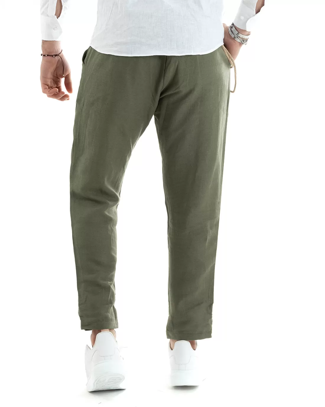 Pantaloni Uomo In Lino Tasca America Classico Sartoriale Comodo Casual Tinta Unita Verde GIOSAL-P5789A