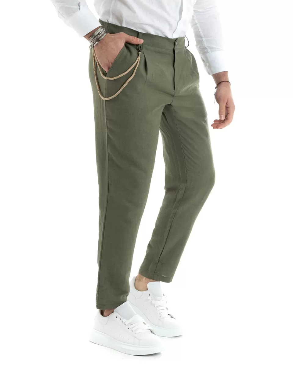 Pantaloni Uomo In Lino Tasca America Classico Sartoriale Comodo Casual Tinta Unita Verde GIOSAL-P5789A