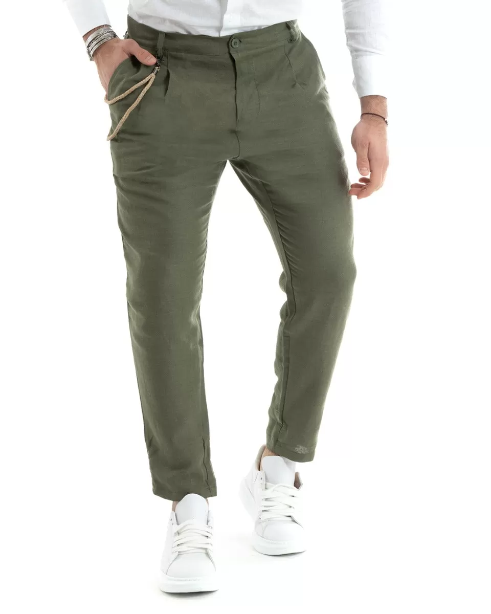 Pantaloni Uomo In Lino Tasca America Classico Sartoriale Comodo Casual Tinta Unita Verde GIOSAL-P5789A