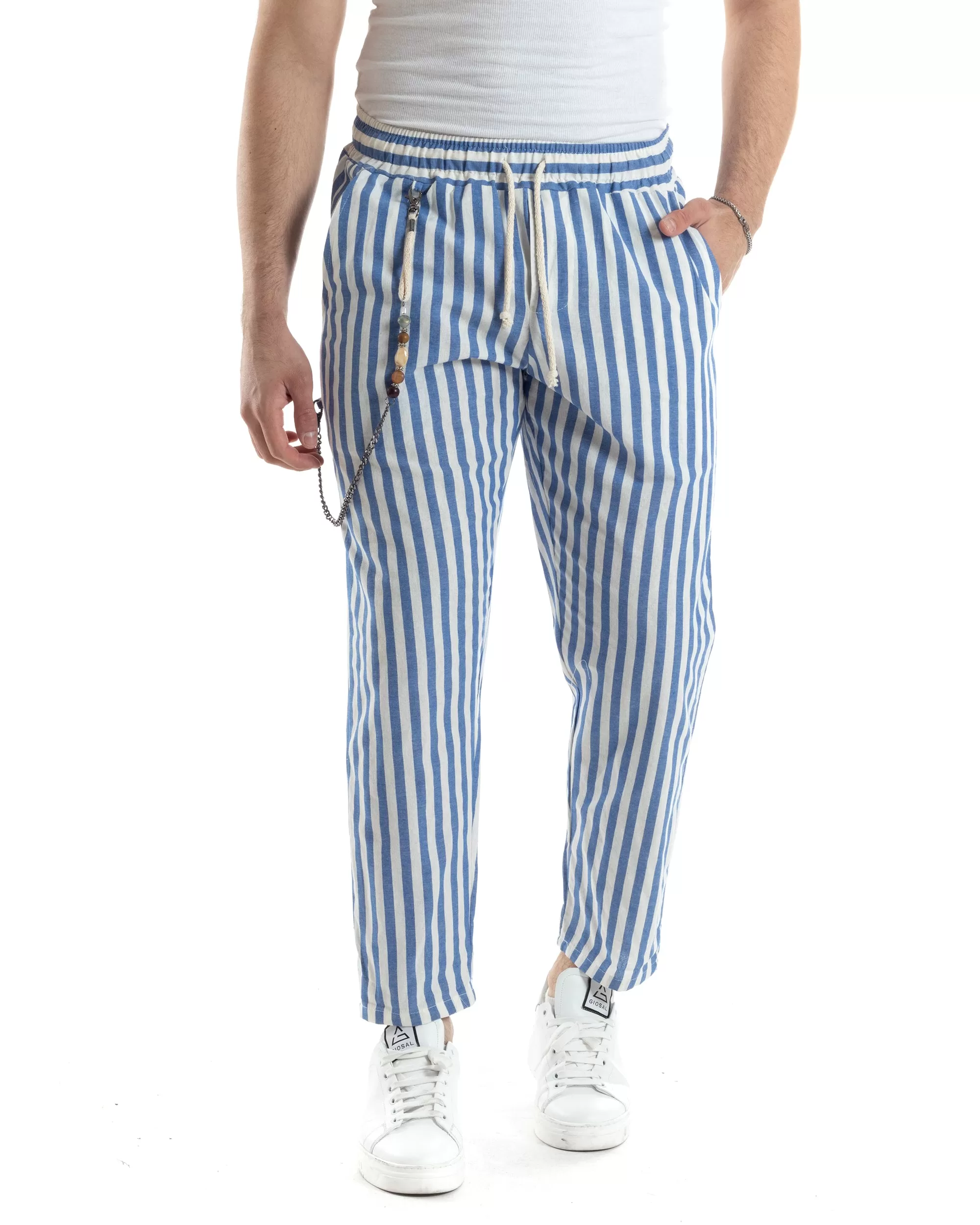 Pantaloni Uomo Pantalaccio Lino Jogger Elastico Sartoriale Casual Rigato Bicolore Bianco Celeste GIOSAL-P6070A