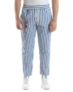 Pantaloni Uomo Pantalaccio Lino Jogger Elastico Sartoriale Casual Rigato Bicolore Bianco Celeste GIOSAL-P6070A