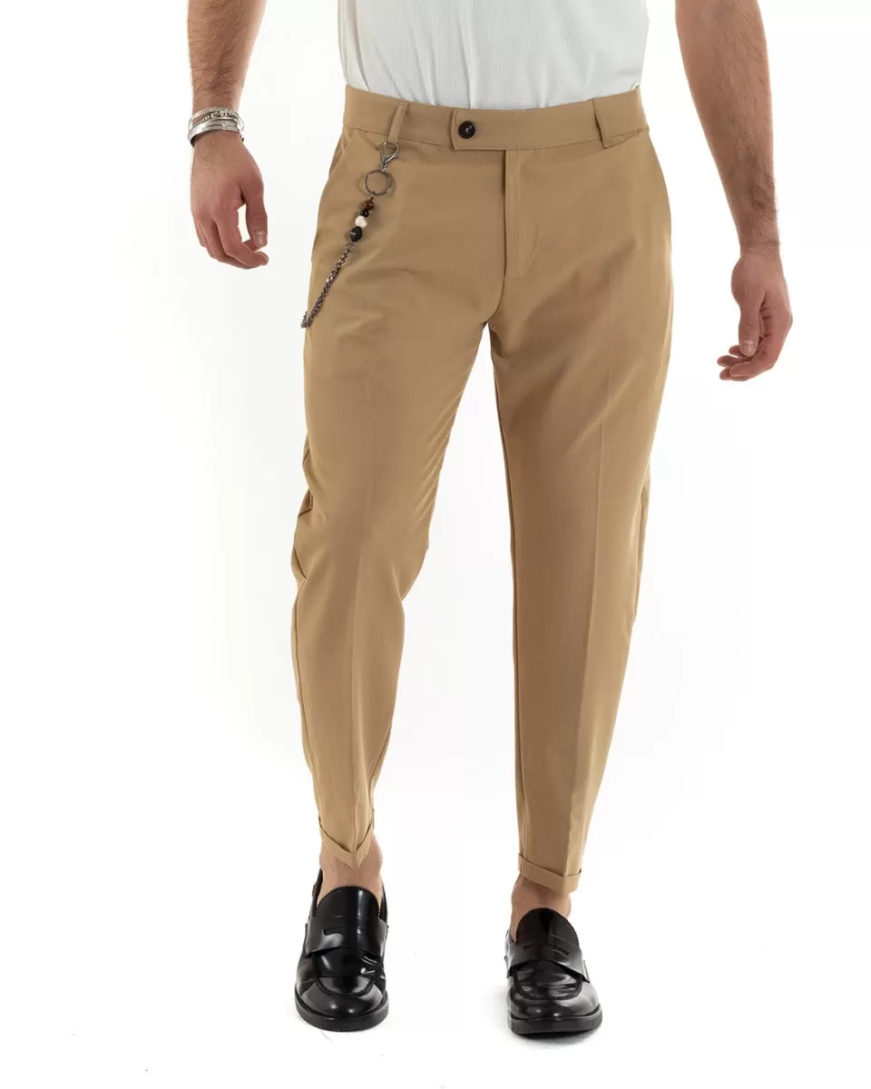 Pantaloni Uomo Viscosa Tasca America Classico Abbottonatura Allungata Casual Camel GIOSAL-P5641A