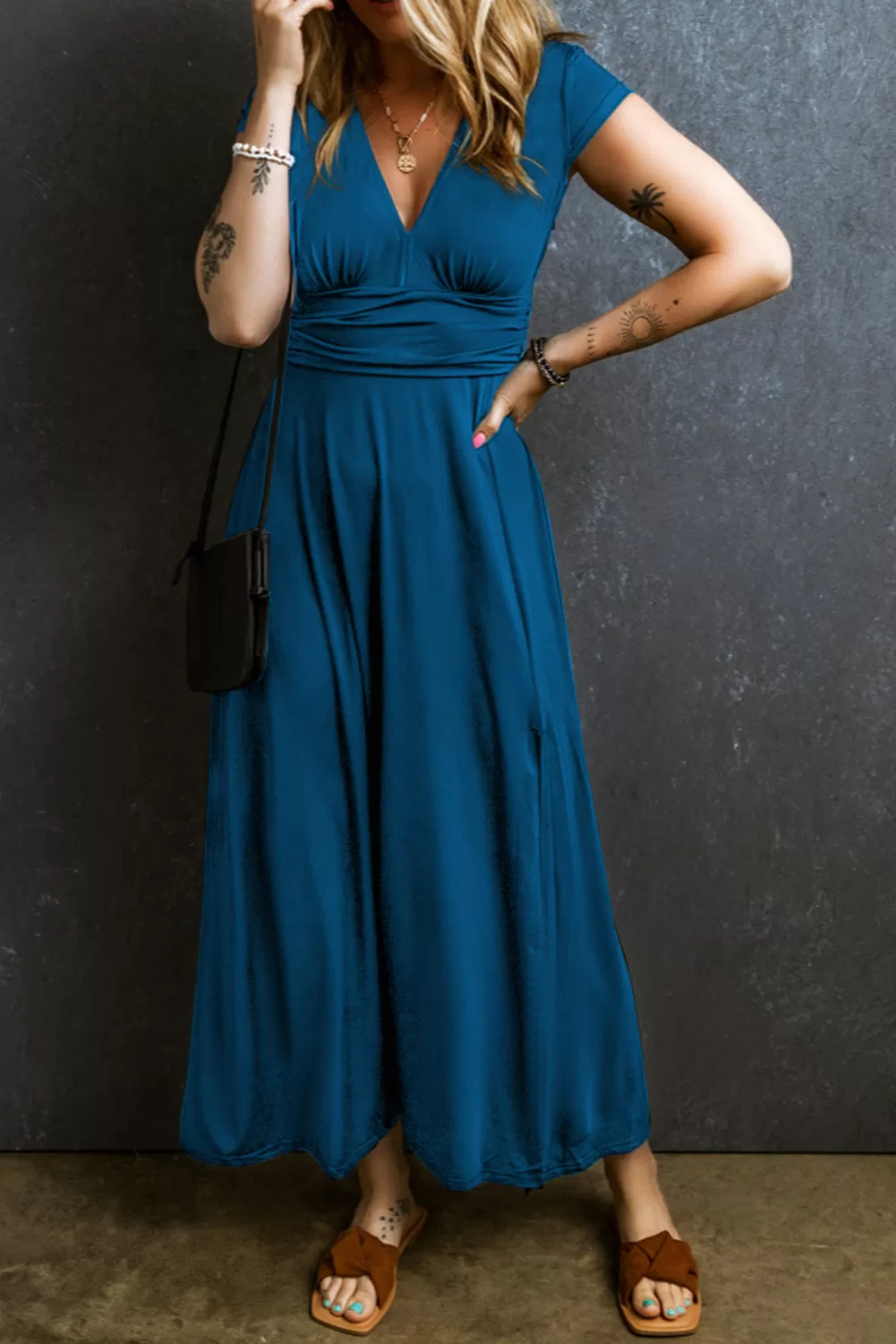 Peacock Blue Short Sleeve Shirred High Waist V Neck Maxi Dress