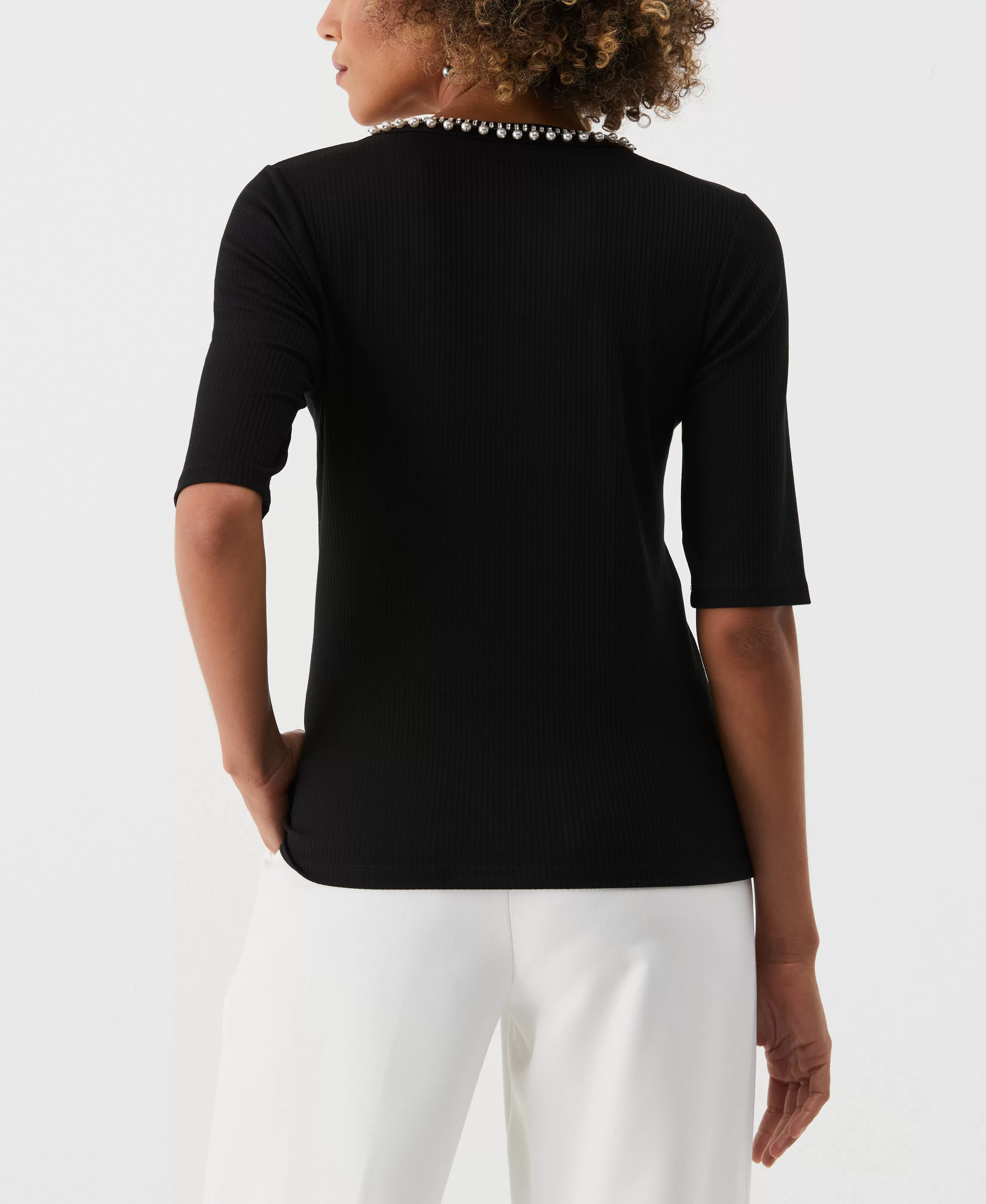 Petite Pearl Trim Rib Knit Top