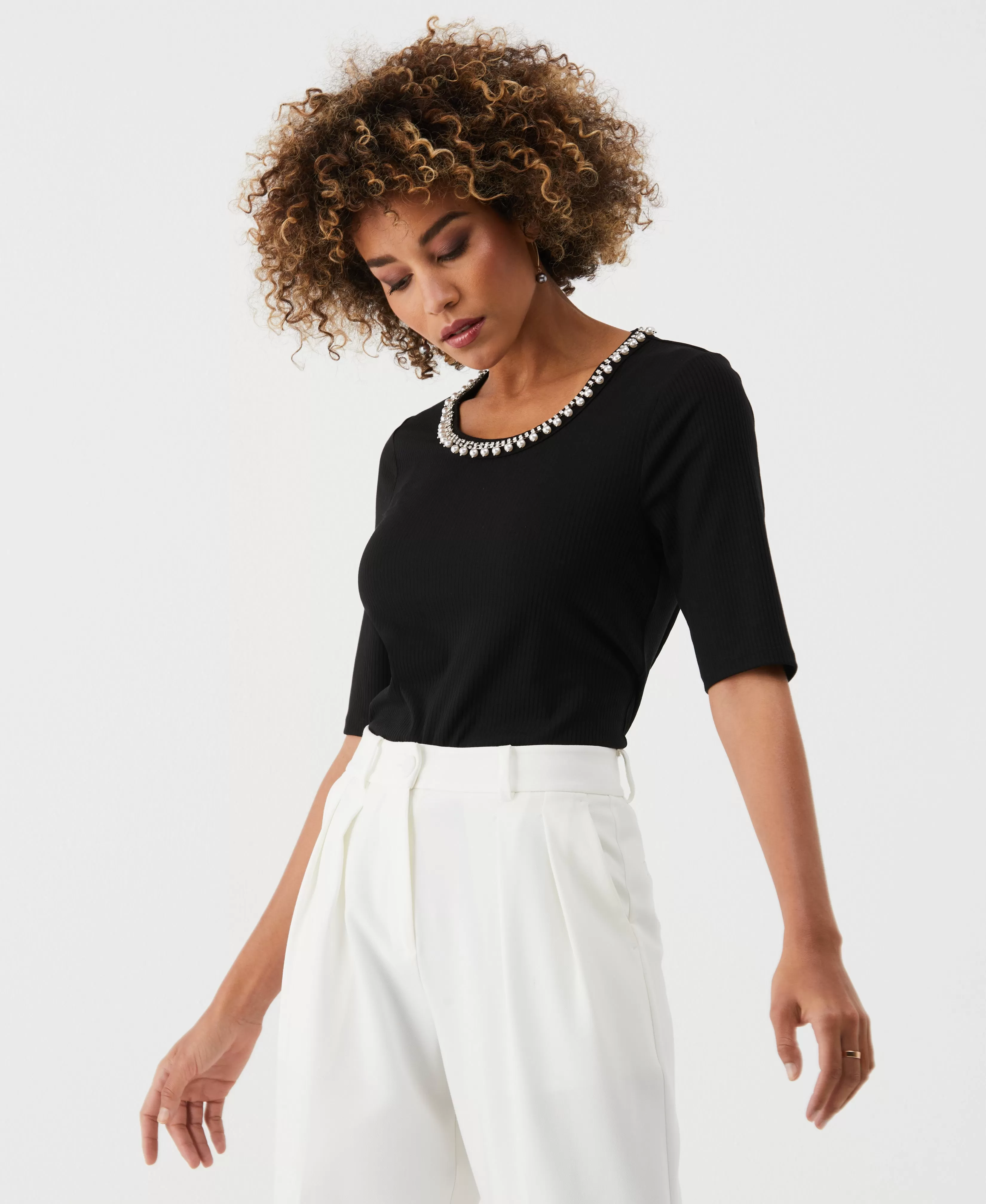 Petite Pearl Trim Rib Knit Top