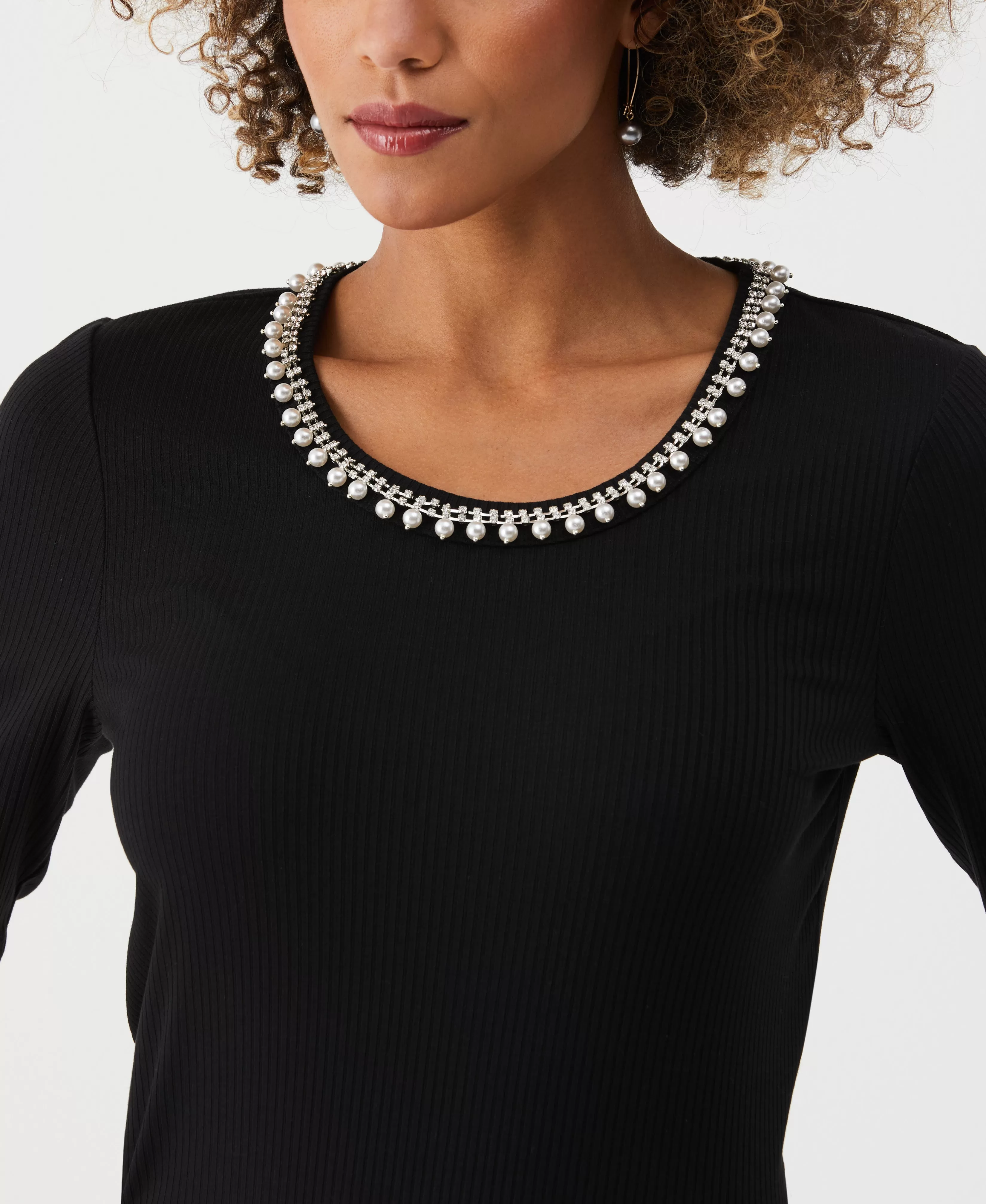 Petite Pearl Trim Rib Knit Top