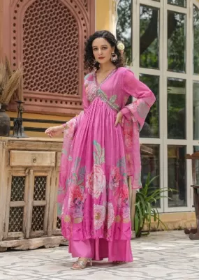 Pink Alia Cut Cotton Handwork Salwar Suit Set