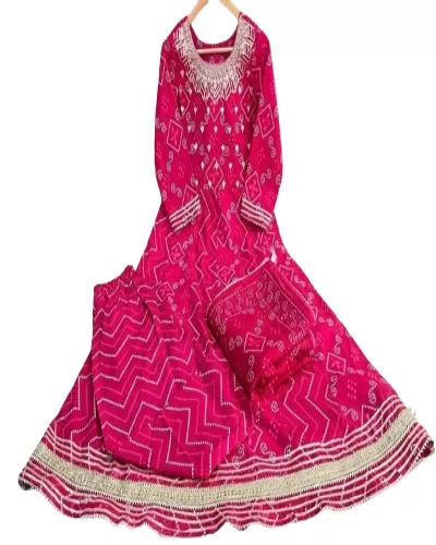 Pink Cotton Embroidered Gotta Lace Work Anarkali Suit Set