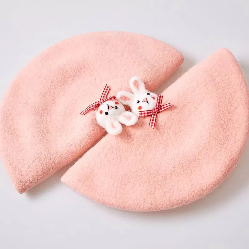 PINK CUTE BUNNY HANDMADE WOOL FELT BERET HAT BY51002