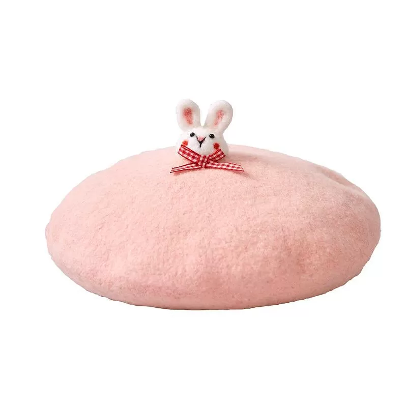 PINK CUTE BUNNY HANDMADE WOOL FELT BERET HAT BY51002