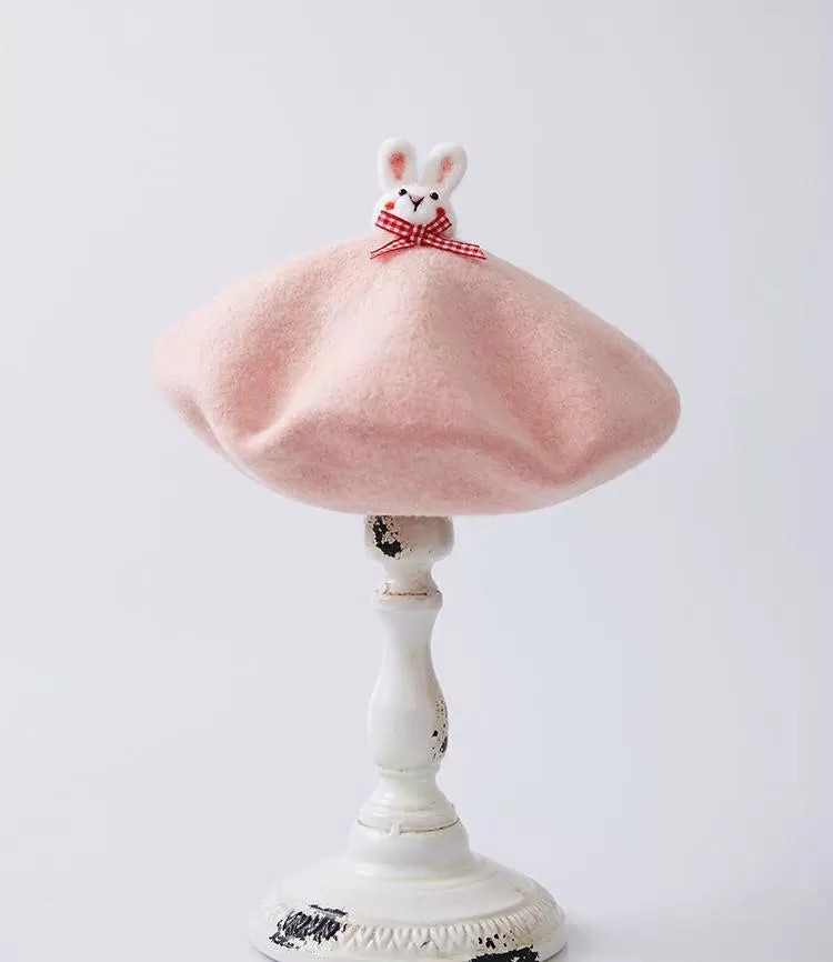 PINK CUTE BUNNY HANDMADE WOOL FELT BERET HAT BY51002