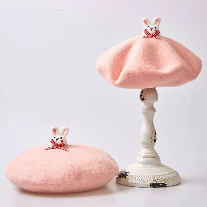 PINK CUTE BUNNY HANDMADE WOOL FELT BERET HAT BY51002