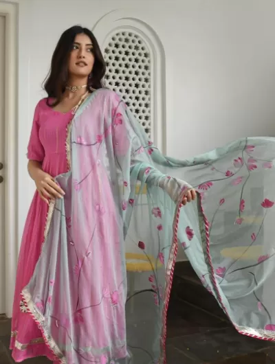 Pink Silver Zari Cotton Salwar Suit  Dupatta (Set of 3)