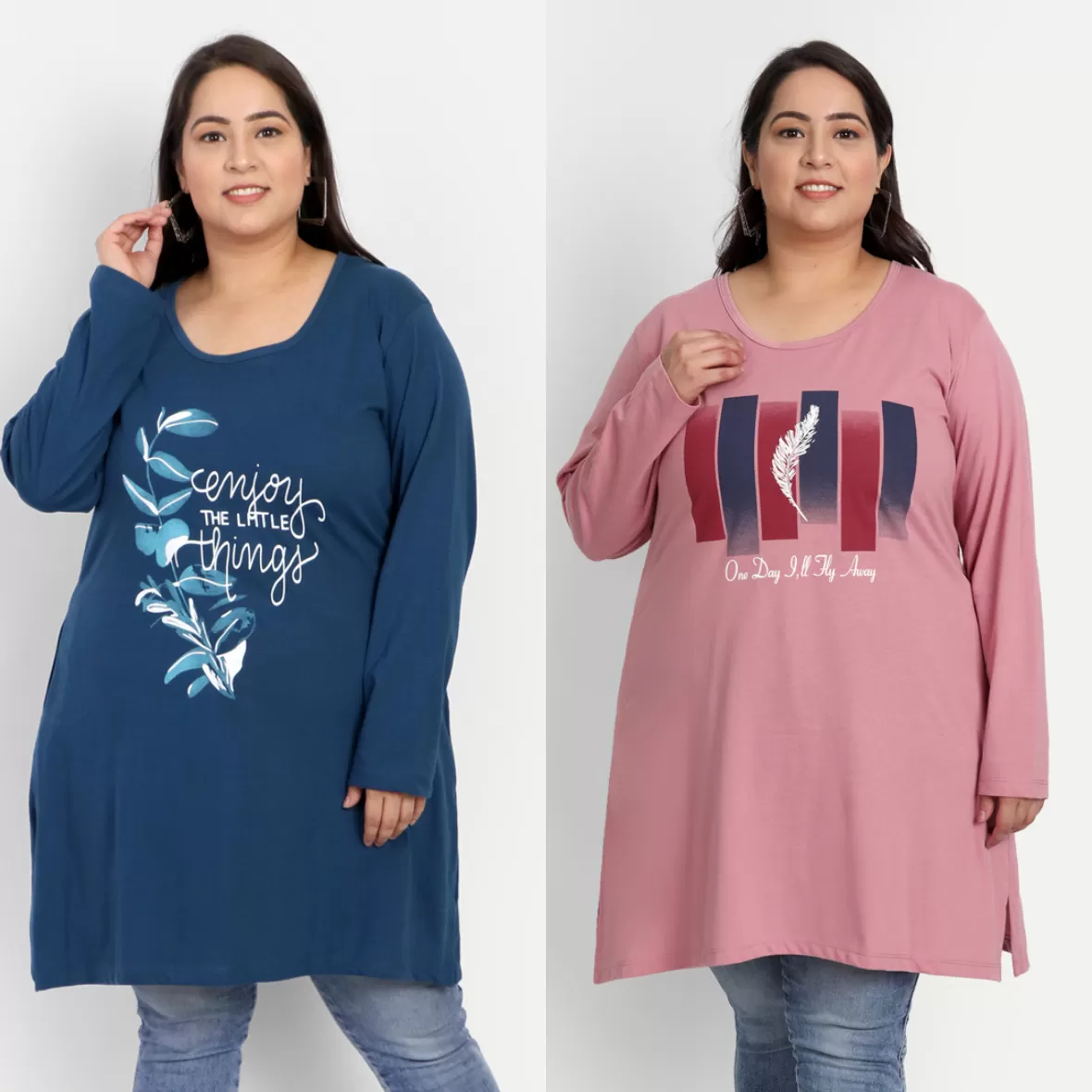 Plus Size Cotton Long Tops for Women Full Sleeves - Pack of 2 (Teal Blue & Mauve)