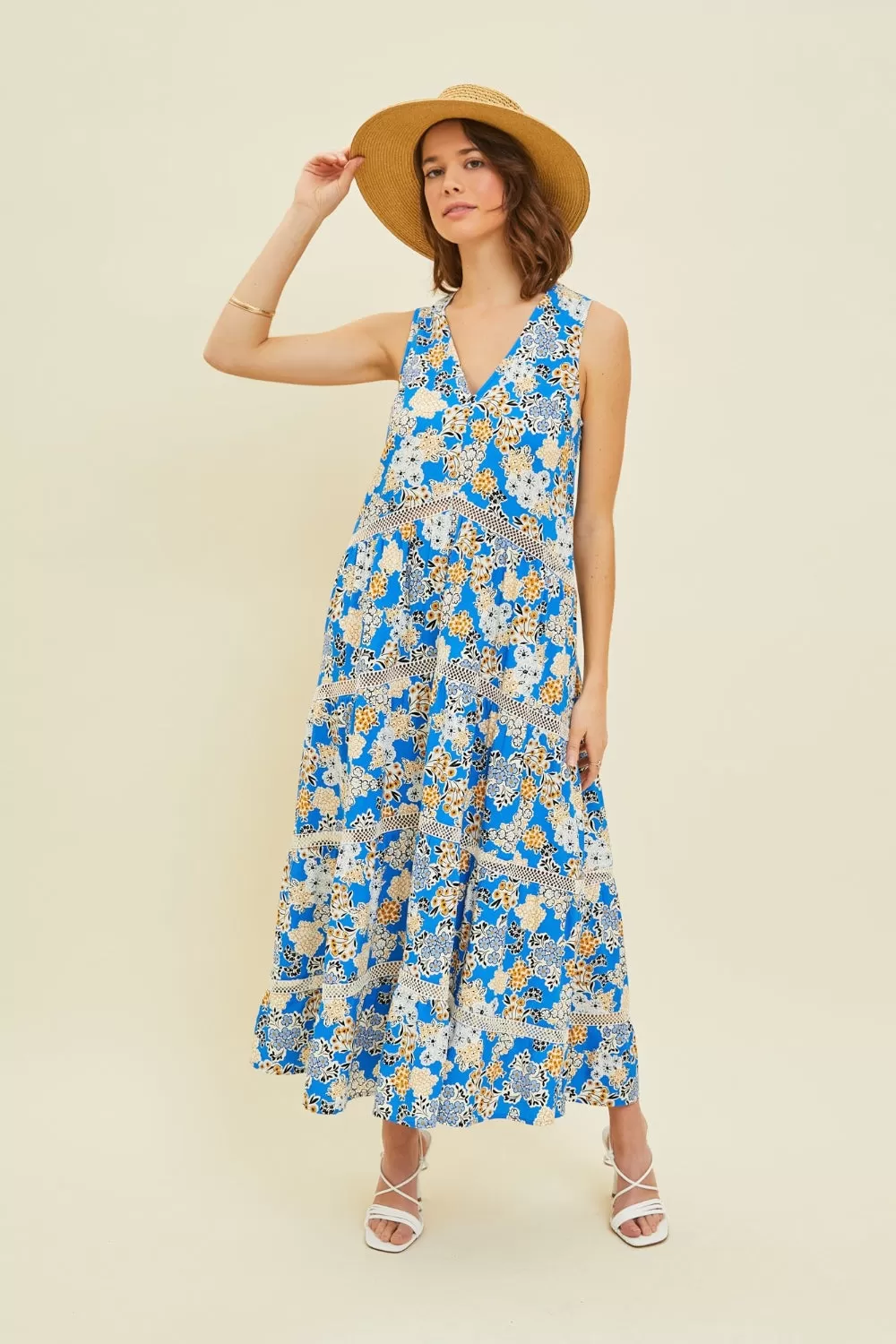 Pool Blue Floral Full Size Printed Crochet Trim Maxi Dress