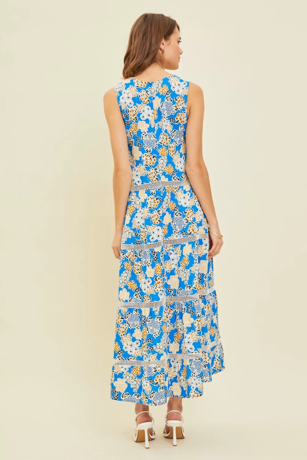 Pool Blue Floral Full Size Printed Crochet Trim Maxi Dress