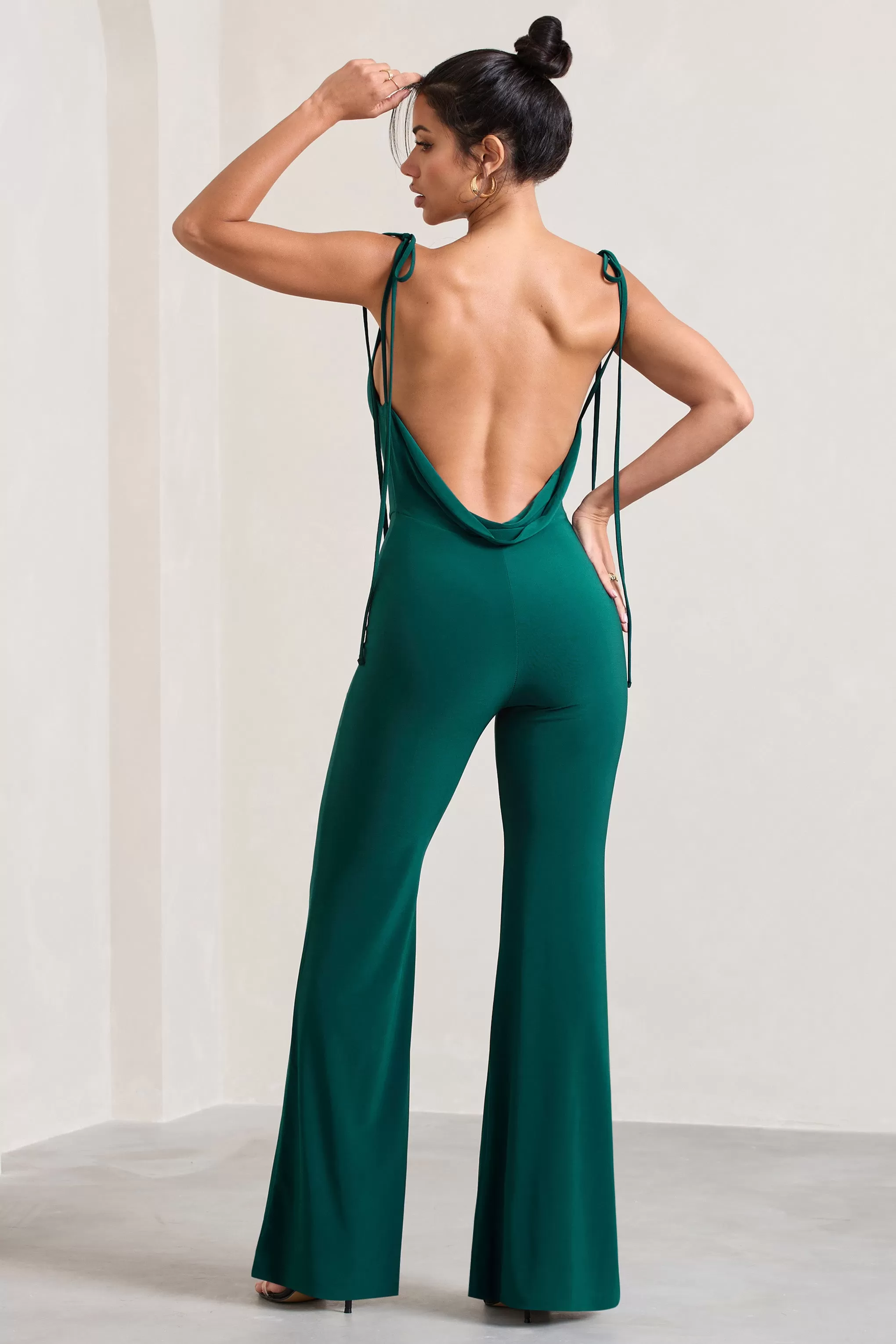 Pose | Bottle Green Cowl-Neck Strappy flared-Leg Jumpsuit