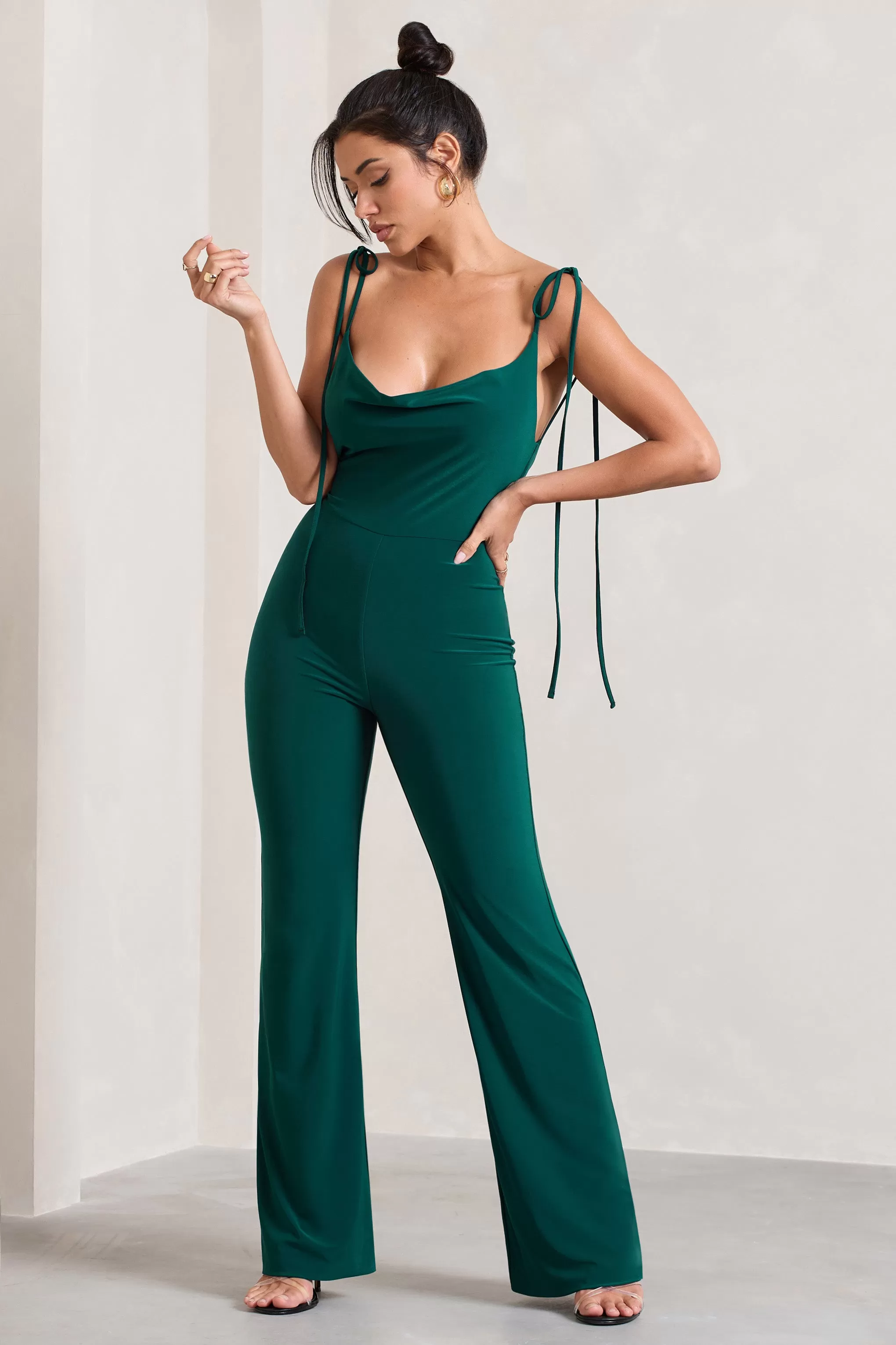 Pose | Bottle Green Cowl-Neck Strappy flared-Leg Jumpsuit