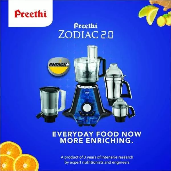 Preethi Zodiac 2.0 MG255 1000-Watt Mixer Grinder with 4 Jars