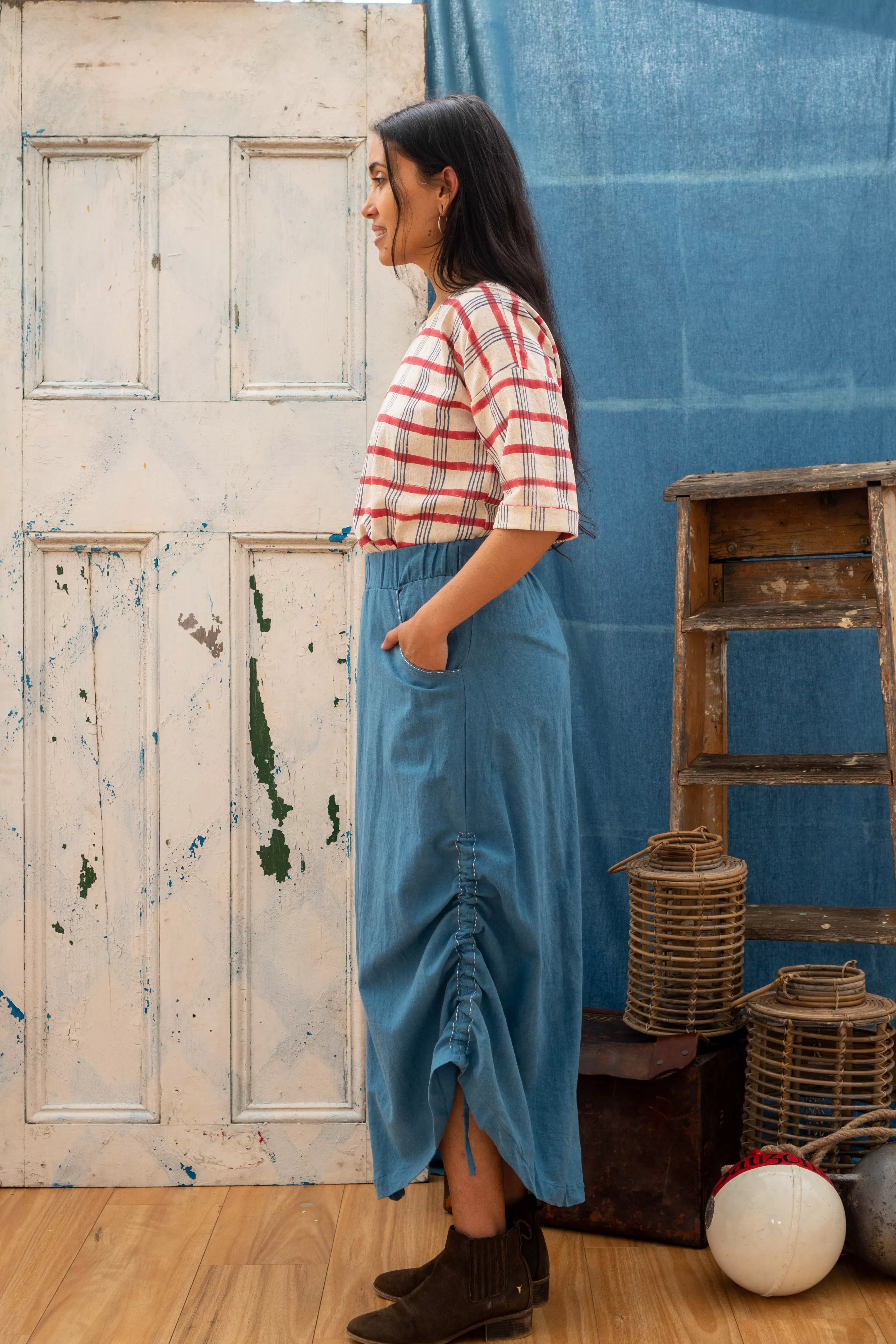 Pull String Pocket Skirt - Indigo with White Hand Stitch Detail