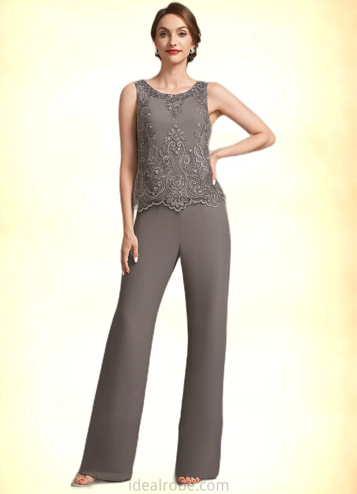 Raquel Jumpsuit/Pantsuit Scoop Neck Floor-Length Chiffon Lace Mother of the Bride Dress With Beading Sequins STK126P0014585