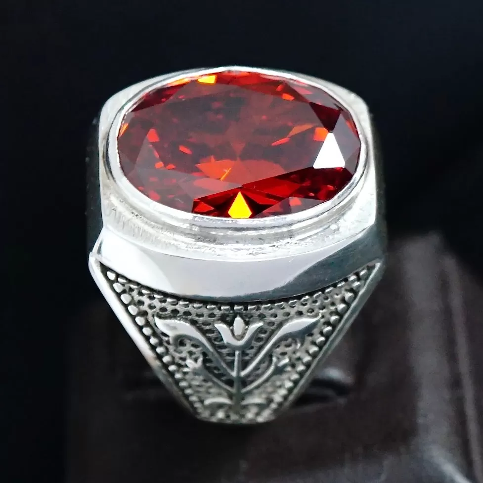 Red Garnet Mens Ring Sterling Silver 925 Turkish Artisan Jewelry