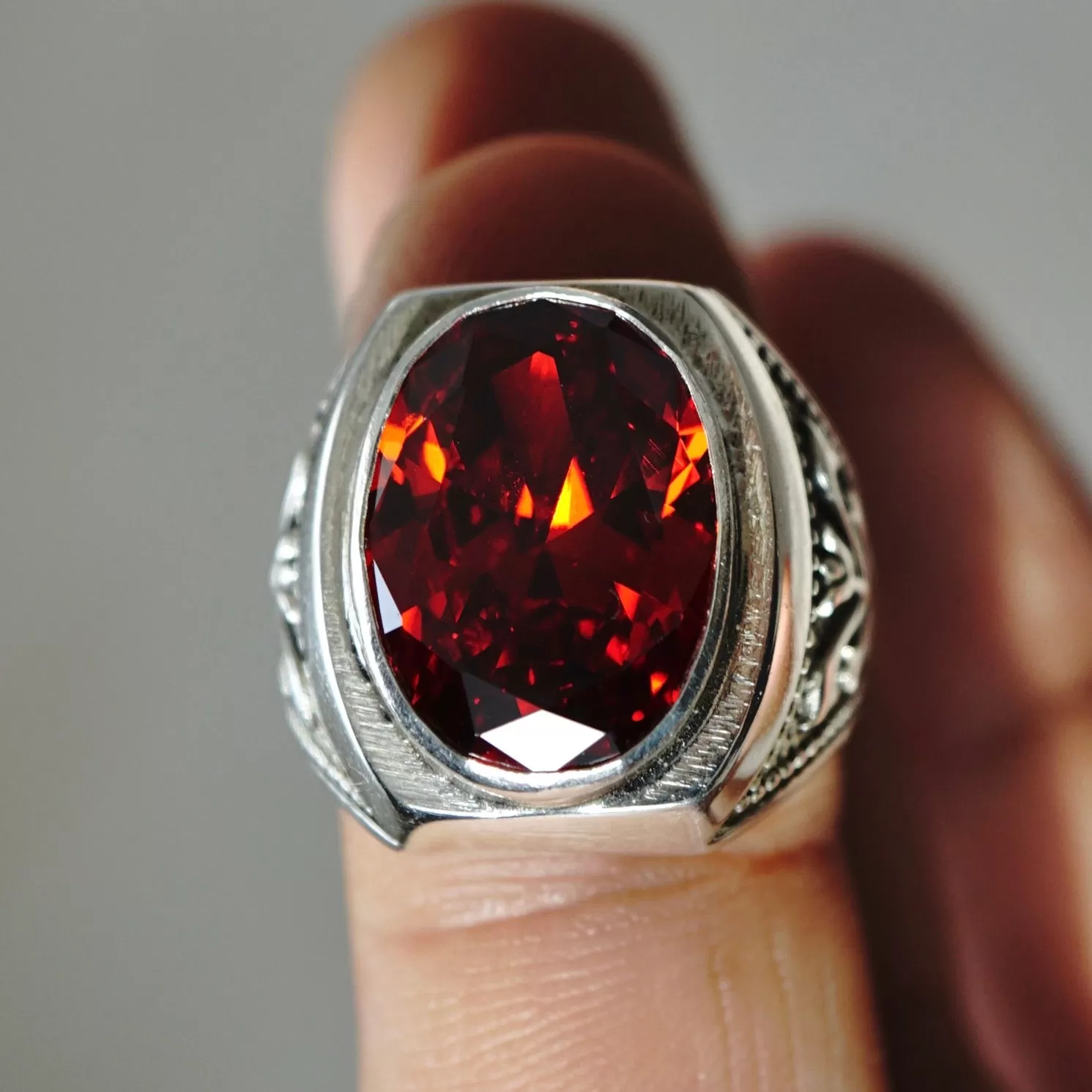 Red Garnet Mens Ring Sterling Silver 925 Turkish Artisan Jewelry