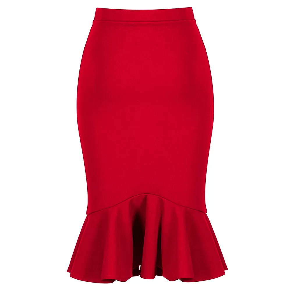 Red Peplum Fishtail Stretch Pencil Bodycon Skirt