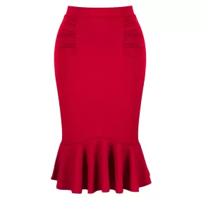 Red Peplum Fishtail Stretch Pencil Bodycon Skirt