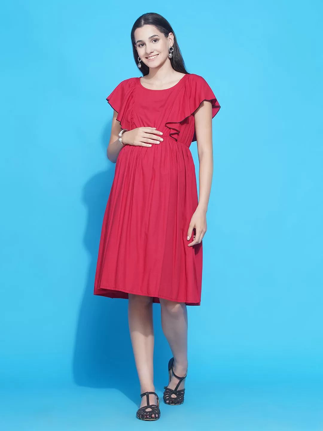 Red Solid Ruffled Midi Maternity & Nursing dress