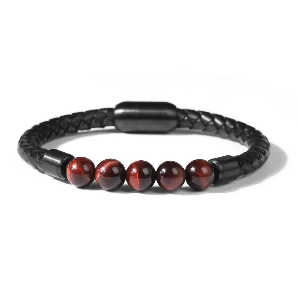 Red Tiger Eyes Stone Leather Bracelet