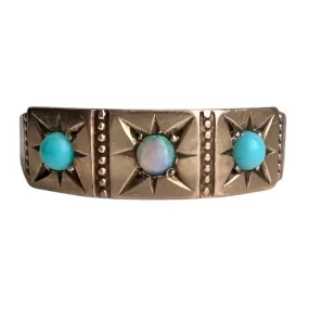 reimagined A N T I Q U E // 10k rosy yellow gold starburst trilogy band with opal and turquoise / size 7.75