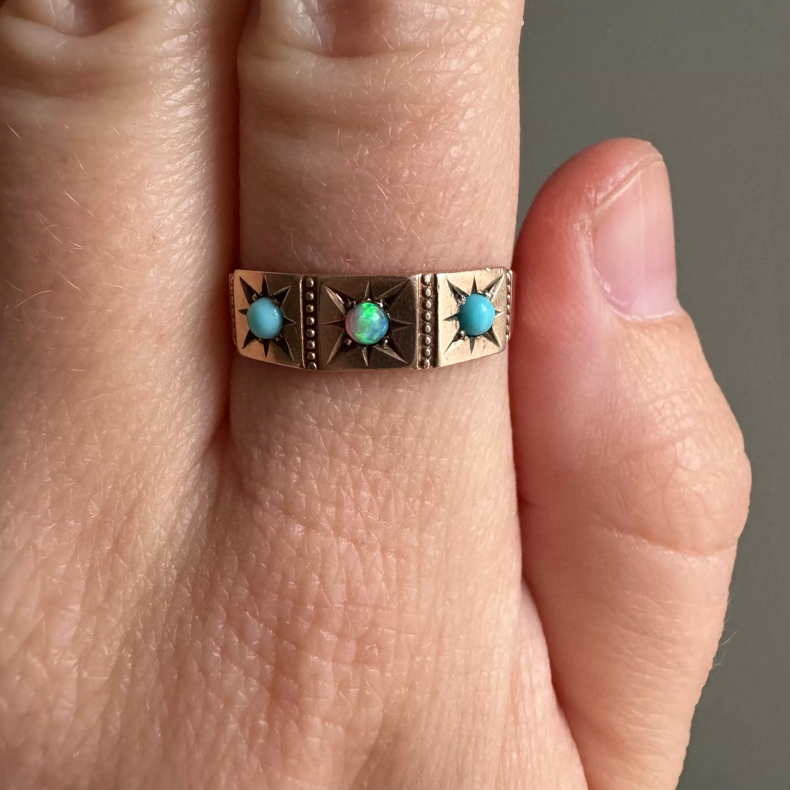 reimagined A N T I Q U E // 10k rosy yellow gold starburst trilogy band with opal and turquoise / size 7.75